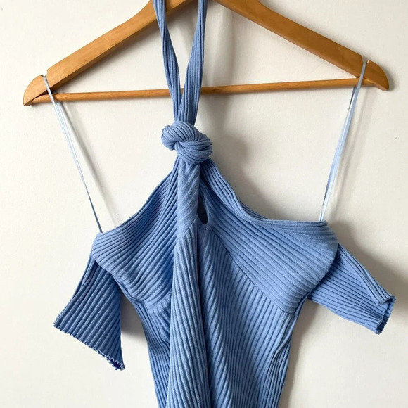 Zara Ribbed Knit Knot Halter Neck Mini Dress Sky Blue NWOT Size Medium - Picture 6 of 7